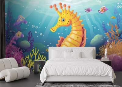 seahorse with beautiful underwater world..Vector illustration cartoon style  Wall mural