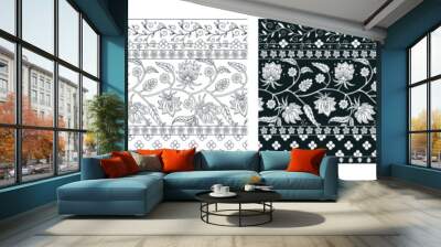 Set of 4 Indian floral monochrome patterns with abstract trailing flowers and leaves. Black and white ethnic botanical scarf designs Wall mural