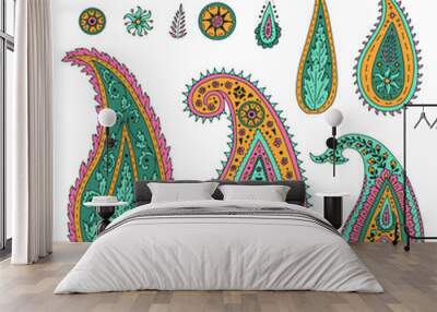 Set of colorful paisley motifs isolated on white background. Indian style design elements Wall mural