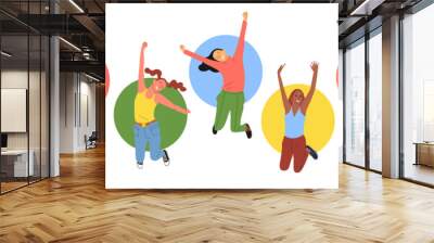 Set of young happy smiling people in jumping poses with colorful circles on background. Set of female and male active people of different ethnicity. Isolated on white. Flat style vector illustration. Wall mural