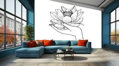 Vintage boho illustration of female Hand holding lotus flower. Wall mural