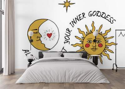 Vintage Mystic Sun and Moon Illustration with Lettering Always Trust Your Inner Goddess Wall mural