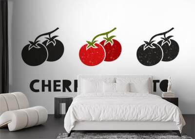 Cherry tomato, silhouette icons set with lettering. Imitation of stamp, print with scuffs. Simple black shape and color vector illustration. Hand drawn isolated elements on white background Wall mural