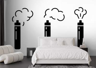 Electronic cigarette, silhouette icons set. Cylindrical vape with different shapes of smoke. Black simple vector of smoking device. Contour isolated pictogram on white background Wall mural