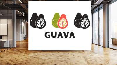 Guava, silhouette icons set with lettering. Imitation of stamp, print with scuffs. Simple black shape and color vector illustration. Hand drawn isolated elements on white background Wall mural