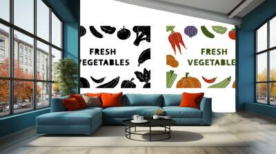 Horizontal illustration with place for text and hand drawn vegetables in clipping mask for banner, poster, print. Color and black rectangular template with silhouette elements on white background Wall mural