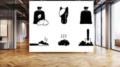 Horse dung silhouette icons set. Outline bag, scoop, shovel, pile. Black illustration of organic manure, plant fertilizer for agriculture, farming. Flat isolated vector pictogram on white background Wall mural