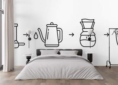 Instruction for brewing drink in pour over coffee maker. Four steps to get finished fresh coffee. Linear icon for packaging design. Contour isolated vector illustration. Ground coffee jar, pot, cup Wall mural