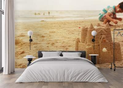 beach sand sun sea,  children family, sunset landscape,  kid boy, holiday vacation, castle, web wide banner  Wall mural