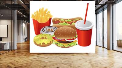 Fast food vector isolated on white background. cheese burger, hotdog, donuts, french fries and soft drink cup. realistic style vector illustration Wall mural