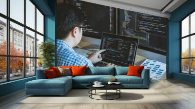 Developer programming and coding technology. Website design Safety of the social world Cyberspace concept. Wall mural