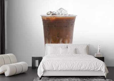 Iced caramel latte coffee on plastic glass isolated white background, summer drink concept Wall mural