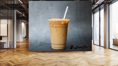 Iced Espresso coffee on plastic cup place black marble background. Copy space your text Wall mural