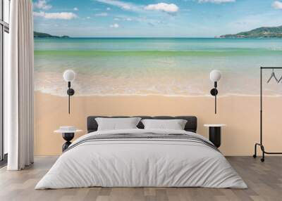 wave sea beautiful beach with white sand and blue sky, mountain. Seascape at Phuket Thailand Wall mural