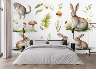 animal side leaf cute view set white background jump bunny collection fluffy set bunny element watercolor mushroom natural rabbit drawn natural rabbit hand grass stand illustration Wall mural