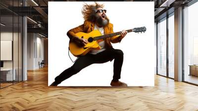 beard blue instrument colourful portrait attire casual modern colours play singer music sitting chair photogenic hipster acoustic playing musician Crazy Bearded Man Guitar Jumping Yellow Background Wall mural