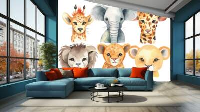 cartoon drawing card drawing cheetah watercolor face isolated animal cat kids african portraits background cute giraffe zebra elephant white style poster wild jungle baby Wall mural