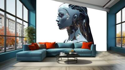 datum connection connect computer woman head future technology cyberspace cyber human cyborg intelligence 3d rendering female robot isolated black background Futuristic artificial intelligence Wall mural