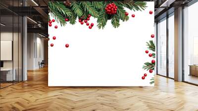 evergreen holiday red berries space branches background copy pine christmas wood tree decoration branch fir green frame new wooden border year winter white celebration card old spruce holly isolated Wall mural