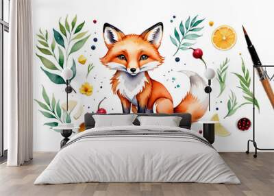 fox cute watercolor background drawing animal isolated illustration nature drawn forest funny hand art cartoon red colourful colours card white mammal design wildlife wild beautiful character summer Wall mural