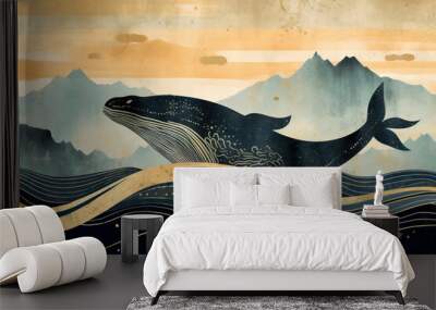 ink gold hand drawn wall decor style colors whale mountains watercolor blue art wallpaper style background creative modern banner design print luxury line textile Wall mural