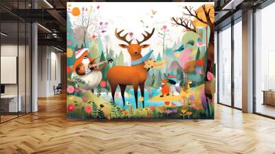 leaves rabbit illustration forest fox group friends hiking moose looking bear magic flowers mountains map vector adventurous kids animals nature landscape Wall mural