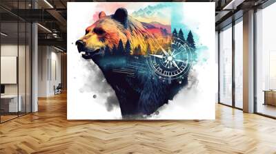 mountains magic tourism bear style watercolor mountain exposure splashes double animals forest adventure night tribal tattoo travel sky bear symbol Wall mural