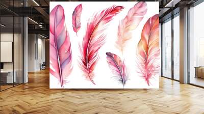 pink Set white feathers watercolor background Isolate Wall mural