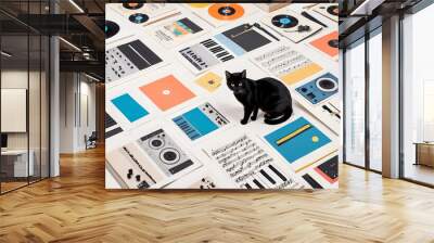 risograph music studio cat animal vector pet cartoon illustration kitten cute black love design art silhouette funny felino drawing domestic halloween fun character Wall mural