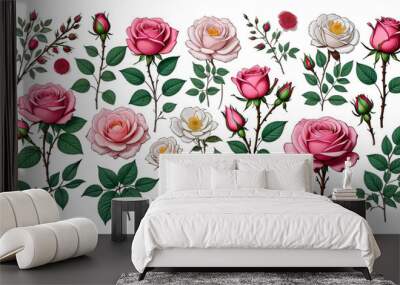 roses hand sketches elements drawn dog twigs floral collection flowers different decorative buds art compositions line rose isolated decoration outline natural white spring tattoo flower leaf symbol Wall mural