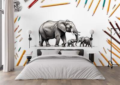 safari illustration family elephant pencil stock crayons drawing vignetting animal african africa art artwork design print watercolor hand drawn clip new popular retro vintage trend trendy style Wall mural