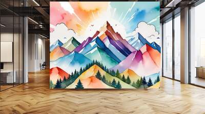 watercolor painting mountain tree colorful landscape background abstract peak illustration colours forest blue nature sky water drawing art hill white artwork natural artistic travel vignetting view Wall mural