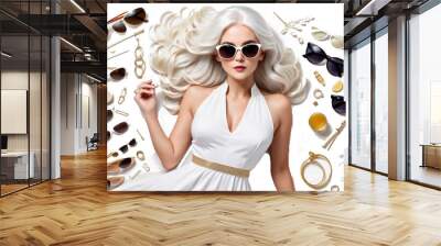 white sunglasses aring hair woman dress wearing fashion beauty model 1 person elegance adult human face caucasian ethnicity portrait blond sensuality young glamour coiffure eyeglass female looking Wall mural