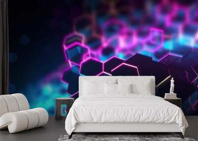 abstract futuristic background with pink blue glowing neon moving high speed wave lines honeycomb and bokeh lights. Data transfer concept Fantastic wallpaper, Ai Generative Wall mural