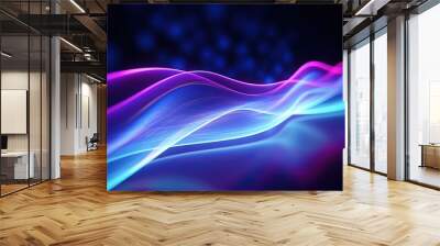 illustration of abstract background of futuristic corridor with purple and blue neon lights wave speed light Wall mural