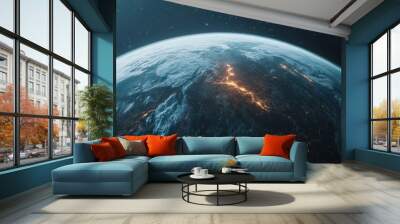 A stunning view of Earth from space, showing a swathe of clouds and city lights twinkling below. Wall mural