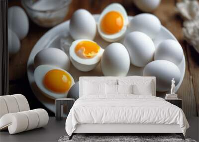 'A eggs wooden background white plate Food Easter Table Color Farm Chicken Cooking Breakfast Healthy Diet Natural Organic Nutrition Dinner Meal Cuisine LunchBackground Food Isolated Easter Table' Wall mural