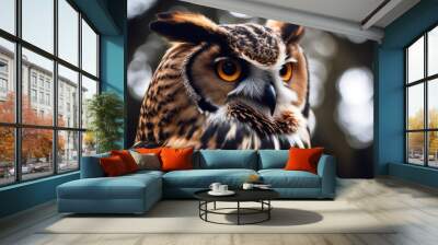 'black beautiful owl portrait background feather bird animal natural wild eye head predator beak face wildlife nature night closeup ecology look eurasian orange evil isolated watching studio shot' Wall mural