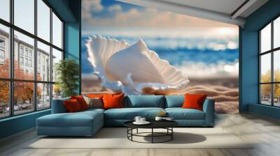 'blue beach created white beautiful podium clear sky seashell poduim generative ai shell sea scallop nature sand summer ocean pearl marin seafood animal isolated mollusc object' Wall mural