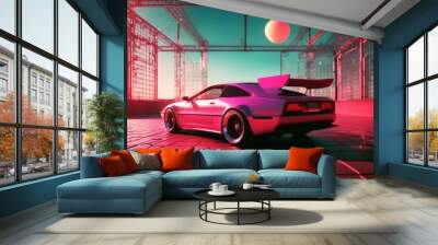 'car future th grid retro retrowave 3d illustration sun floor background render machine time 1980 80's arcade automobile autonomous back flashback futuristic game glitch hot line' Wall mural