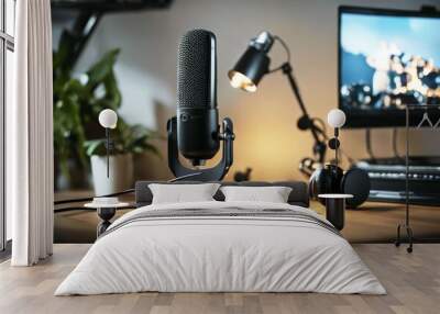 'closeup table lamp air laptop Microphone interior podcast studio Home content stream creator indoor broadcasting radio audio earphones communication cyberspace talking workplace interview working' Wall mural