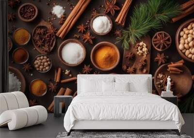 'culinary background christmas winter spices ingredients baking top view copy space ingredient cooking making sugared-almond festive pastry rolling pin orange favor preparation chocolate cake pie' Wall mural