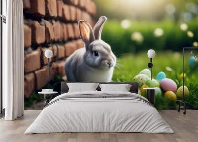 'easter hunt green brick field sitting spring cute egg meadow wall bunny rabbit background grass basket happy holiday pet animal white nature little colourful beautiful small young celebration hare' Wall mural