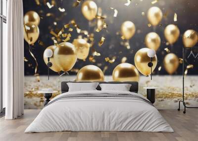 'falling card confetti gold greeting balloons elegant birthday happy balloon celebrate background banner party design holiday celebration festive gift anniversary poster invitation d' Wall mural