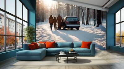 'family happy winter car day adult automobile background boy brother caucasian children cold daughter dream father female freedom fun girl holiday joy life lifestyle little' Wall mural