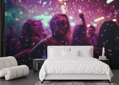 'girls Group dancing fun party confetti light nightclub city. creative cyberpunk Joyful people having concert disco dj entertainment music young celebration crowd dance dancer festival' Wall mural