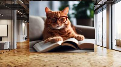 'glasses cat book lying red sofa plaid animal cute funny vet pet portrait goggles kitten felino fun look pretty young eyeglass face nerd domestic eyesight grated lens1 optical student studio study' Wall mural