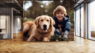 'golden retriever boy grin dog people family person friends smiley gold nature little animal emotion playful hugging photogenic children cheerful american happiness caucasian childhood fun pet male' Wall mural