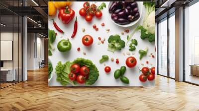 'healthy clean eating layout vegetarian food et nutrition concept various fresh vegetables ingredients salad white table background top view frame banner diet nourishment vegetable ingredient spice' Wall mural