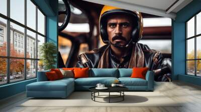 'man mad driver helmet auto wheel steering attractive automobile automotive background car caucasian colours concept cool crazy curious design emotion expression extreme fake expressway' Wall mural